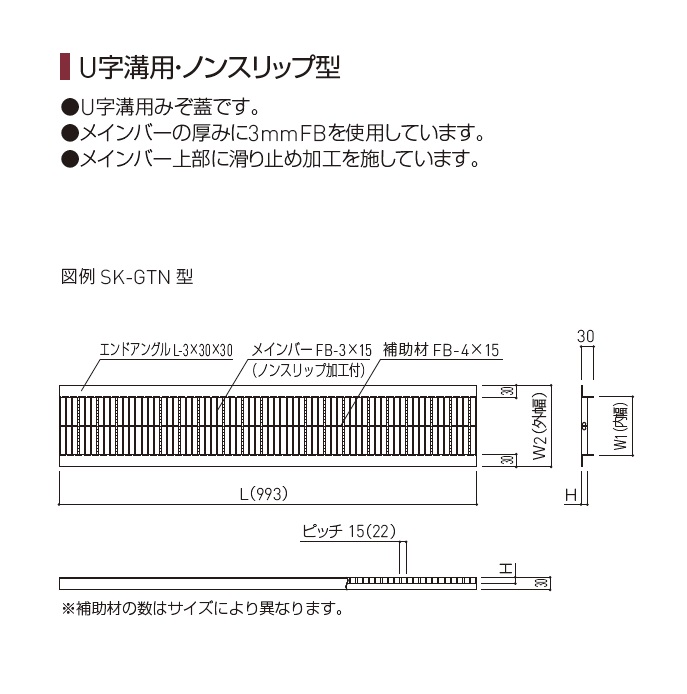 単品購入可 新協和 グレーチング U字溝用・ノンスリップ型 ピッチ15 SK