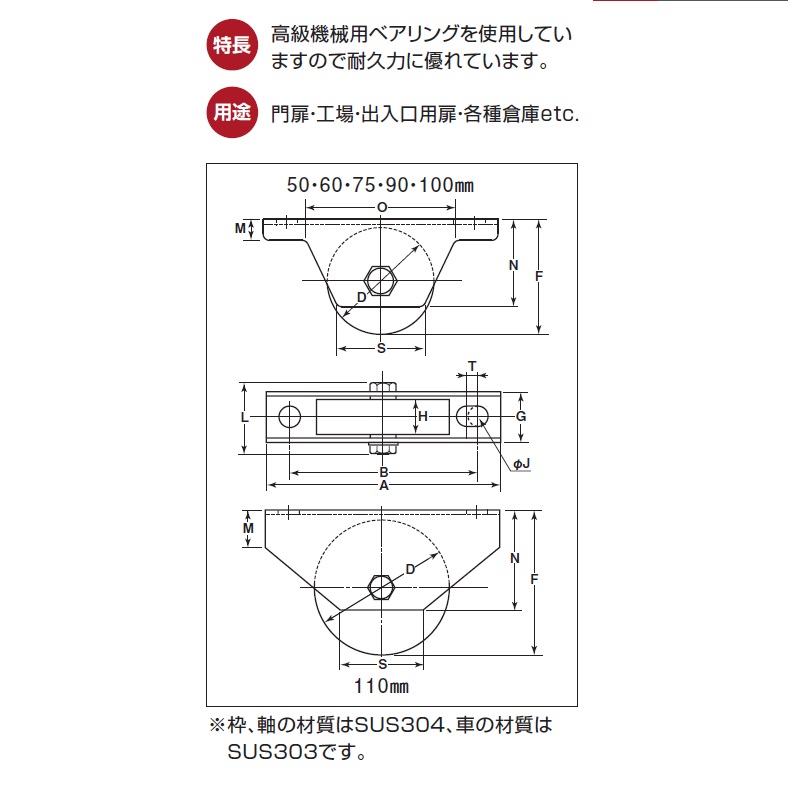 ヨコヅナ MC防音 重量戸車 平型 ステンレス枠 JMS-1002 100mm 2個入 - 1